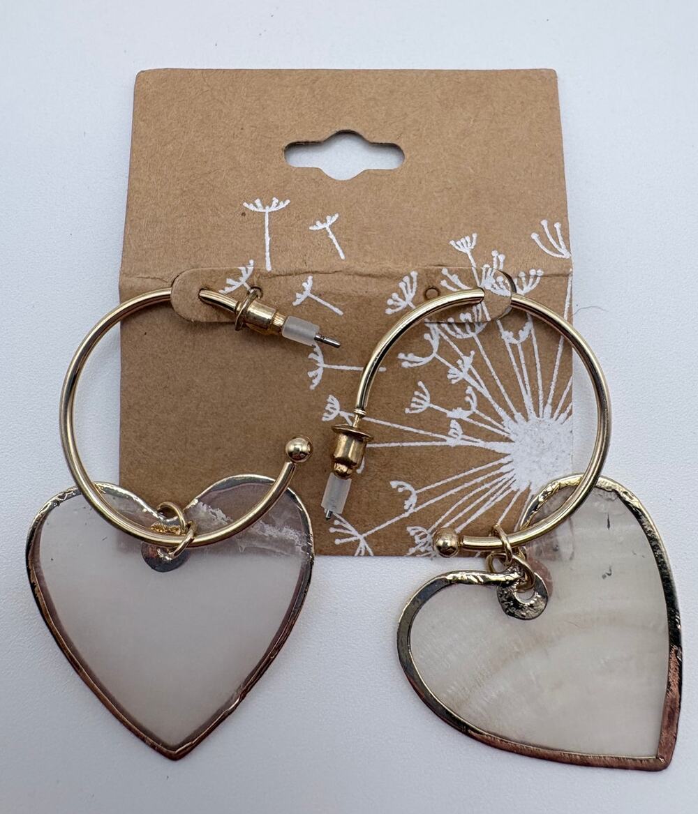Cracker Barrel Goldtone Open Hoop Earrings with Mother Of Pearl Heart Charms